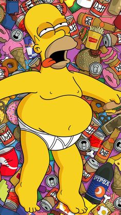 the simpsons character is surrounded by many different foods and drink cans, including don't touch my phone