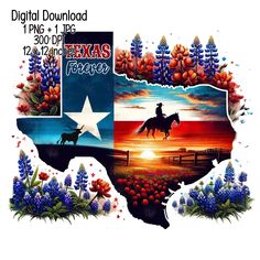 the texas map is shown with images of flowers and cowboy silhouettes on it's side