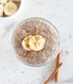 an overhead view of a smoothie with bananas and cinnamon