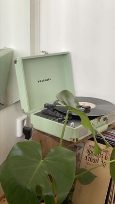 a record player sitting on top of a table next to a potted plant