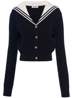 striped-edge cashmere cardigan from MIU MIU featuring navy blue, white, cashmere, knitted construction, ribbed trim, spread collar, front button fastening, long sleeves and straight hem. Retro Mode, Looks Chic, Van Cleef Arpels, Cashmere Cardigan, Lady Dior, Hermes Birkin, Cardigans For Women, Miu Miu