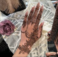 a woman's hand with henna tattoos on it and flowers in the background