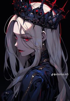 an anime character with white hair and red eyes, wearing a crown on her head