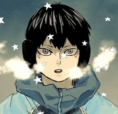 an anime character with headphones on and stars in the sky above him, staring at the camera