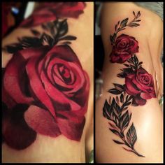 two pictures of roses and leaves on the side of a woman's stomach, one with