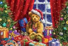 a teddy bear sitting in front of a window surrounded by christmas presents and wrapped gifts