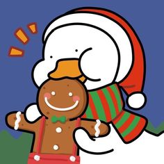 a snowman with a gingerbread man on his back