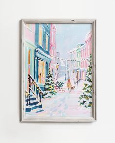 a painting hanging on the wall in front of a white wall with stairs and trees