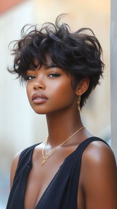 Short Haircuts for Black Women Black Woman Haircuts, Shag Haircut Black Woman, Short Feminine Haircut Black Women, Plus Size Short Haircut, Short Blowout Hairstyles Black Women, Black Woman Curly Pixie Haircut, Black Women Bold Haircut, Fashion Booklet, Short Wavy Hairstyles For Women