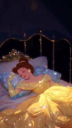 a princess sleeping in her bed with the lights on