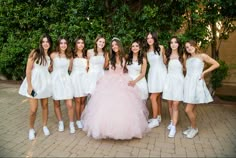 Quinceanera Court Pictures Pink, Quinceanera Family Outfits, Pink Quinceanera Theme Chambelanes, Pink Quince Court, Quince Damas Outfits, Quince Photoshoot Ideas With Court, Quinceanera Court Outfits, Quince Court Pictures