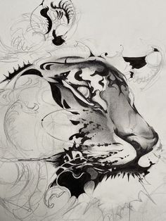 a black and white drawing of a tiger's head with swirls on it