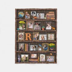 the family photo collage is displayed on a wooden shelf with many pictures and letters