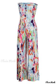 Olivia Mark - Womens Fashionable Printed Backless Strapless Jumpsuit - Ideal for Casual Events Multicolor Strapless Sleeveless Jumpsuit For Spring, Spring Beach Strapless Stretch Jumpsuit, Multicolor Strapless Jumpsuits And Rompers For Spring, Strapless Stretch Jumpsuit For Spring Beach, Fitted Multicolor Strapless Jumpsuit For Spring, Chic Multicolor Strapless Jumpsuit For Spring, Multicolor Fitted Strapless Jumpsuit For Spring, White Stretch Strapless Jumpsuit For Spring, White Strapless Stretch Jumpsuit For Spring