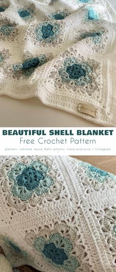 a crocheted blanket with blue flowers on it and the text, beautiful shell blanket free crochet pattern