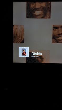 a television screen with the words nights on it and pictures of smiling people in squares