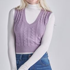 Cable Knit Vest Selected Color: Lavender Selected Size: M Sleevless Sweater, Long Tshirt Dress, Outfits Styling, Long Sleeve Activewear, Cable Knit Vest, Lululemon Hoodie, Embroidered Tunic Top, Cream Shirt, Wool Shirt