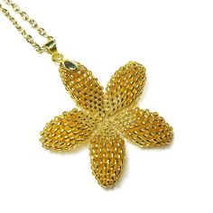 Heart in Hawaii 1.5 inch Plumeria Pendant with Chain - Sparkly Gold  #beadedjewelry #beadedflowers #plumeria #beading #bling #sparkly #flowerjewellery #heartinhawaii #beadwork #gold Pendant With Chain, Flower Jewellery, Flower Pendant, Heart Of Gold, Hand Beading, Beaded Flowers, Cable Chain, Colored Glass, Lobster Clasp