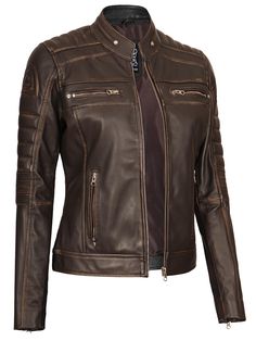 Upgrade your style with Austin's Dark Brown Leather Jacket. This iconic piece features an edgy, rich brown hue, quilted details, and a timeless rub-off style. It has been meticulously crafted for sophistication and a biker-inspired look. Specification: Color: Dark Brown Material: 100% Lambskin Leather Closure: Zipper front Pockets: Four Zippered pockets and one internal pocket. Lining: Soft and Comfortable polyester lining for maximum comfort Leather Motorcycle Jacket Women, Cafe Racer Leather Jacket, Brown Cafe, Motorcycle Jacket Women, Motorcycle Leather Jacket, Womens Moto Jacket, Cafe Racer Style, Womens Black Leather Jacket, Cafe Racer Jacket