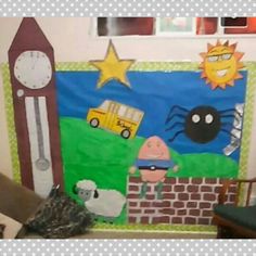 a child's room with a bulletin board and clock