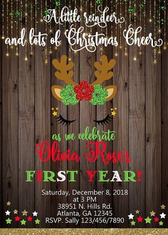 a christmas party flyer with reindeers and lights on the wooden background, for an event