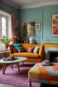 a living room filled with furniture and a fire place in front of a painting on the wall