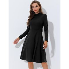 If you are a little conservative type of person so dress like this always works for you. The fabric is very soft and thick. It's very well made and the quality is high. You can wear this on special occasions. This lovely black dress is suited for a party, club, or holiday. It is also a great choice for daily wear, like shopping, dates, weekends, work, home, gatherings, etc. Simple Fall Workwear Dresses, Classic High Neck Dress For Workwear, Long Sleeve Winter Office Dresses, Winter Office Wear Long Sleeve Dresses, Fall Office Wear Solid Midi Dress, Classic Dresses For Office Wear In Winter, Solid Color Semi-formal Midi Dress For Fall, Classic Winter Dresses For Office Wear, Solid Color Winter Office Dresses