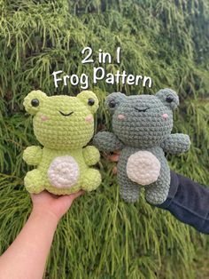 two small crocheted stuffed animals in front of a pine tree with the caption 2 in 1 frog pattern