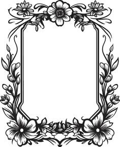 an ornate frame with flowers and leaves on the edges, in black and white ink