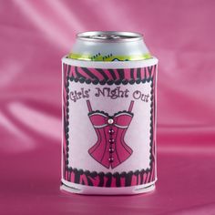 a pink and black striped can with an image of a corset on it