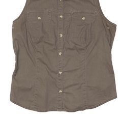 Item is in good used condition. >Size: M >Armpit To Armpit: 19" >Armpit To Cuff: N/A" >Collar To Hem: 24" Casual Sleeveless Shirt With Button Closure, Sleeveless Cotton Shirt With Button Closure, Brown Button-up Top With Buttoned Pockets, Brown Outdoor Shirt With Button Closure, Brown Button-up Shirt With Pockets, Brown Button-up Tops With Snap Buttons, Khaki Collared Military Shirt, Plain Shirt, Plain Shirts