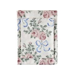 a white and pink floral print sheet set with two matching pillow cases, one has roses on it