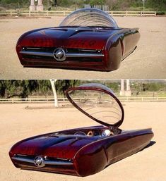 two pictures of an old fashioned car in the middle of a dirt field with trees behind it