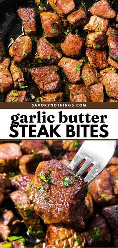 garlic butter steak bites in a skillet with a fork