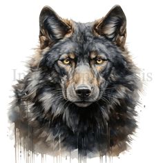 a painting of a wolf with yellow eyes