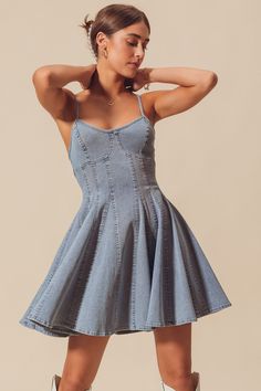 This is our new go-to dress! Add a gameday button to show your school spirit at the tailgate! Denim Mini Dress, Loungewear Sets, Denim Flares, Denim Mini, Fitted Bodice, Fit And Flare Dress, Easy Wear, Hat Hairstyles, Fit & Flare