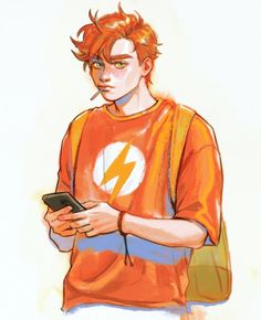 a drawing of a young man holding a cell phone