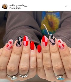 Funky Nails Valentines, Luminary Gel Nail Ideas, Utah Nail Ideas, Short Nail Designs Red, Utah Girl Nails, Red And Pink Checkered Nails, Flame And Checkered Nails, Nails Luminary, Unconventional Valentines Nails