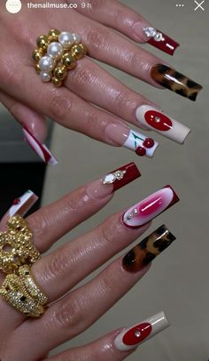 Gold Red Nails, Maximalist Nails, Euphoria Nails, Vegas Nails, Nyc Nails, Work Nails, Unique Acrylic Nails, Bling Acrylic Nails, Pink Acrylic Nails