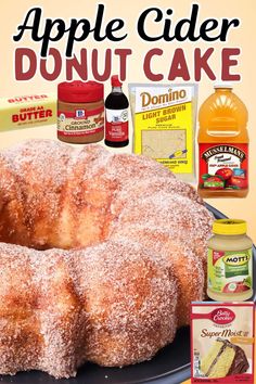 an advertisement for apple cider donut cake