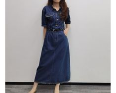 Item No. SZ35 Material: Cotton Color: Blue US Size: XS, S, M, L, XL, 1XL - Handcrafted. - Denim Dress. - Midi Length. - Pockets. - Belted. - Collared.  - A Line. - Button Front. - Short Sleeve. - Made ethically with a lot of love and care. Midi Dress With Pockets, Denim Midi Dress, Dress With Sleeves, Dress Denim, Belted Shirt Dress, Sleeves Dress, Dress Midi, Midi Dress With Sleeves, Dress With Pockets