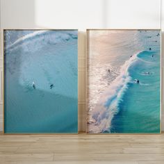 two framed photographs of surfers in the ocean, one is above the water and the other is above the beach