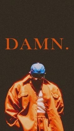 a man wearing an orange jacket and blue hat with the words damn in front of him