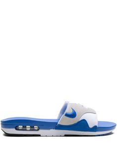 white/blue calf suede signature Swoosh logo detail appliqué logo open toe slip-on style rubber sole with Max Air cushioning Nike Max, Nike Slides, City Shorts, Balenciaga Track, Versace Outfit, Nike Air Max 1, Swoosh Logo, Balenciaga Triple S, Blue Nike