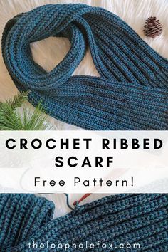 a crochet ribbed scarf with text overlay that reads, free pattern