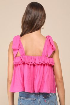 Step into summer feeling confident in the Lulus Perfect Babe Hot Pink Ruffled Tie-Strap Top! Lightweight woven fabric, with a subtle texture, shapes this ultra-adorable top that has wide, tying shoulder straps that support a bodice with a straight neckline and darling tiered ruffled trim. Relaxed, boxy bodice completes this breezy top. Fit: This garment fits true to size. Length: Size medium measures 15.5" from adjustable straps to hem. Bust: Great for any cup size. Waist: Not Fitted - comfortab Tie Strap Top, Hot Pink Tops, Cute Summer Tops, Senior Picture Outfits, Ruffled Top, Swimming Outfit, Lace Print, Cute Tank Tops, Summer Feeling