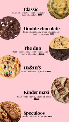 an info sheet with different types of cookies and chocolates on it's side