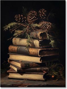 a stack of books with pine cones and branches on top of each book is shown in front of a black background