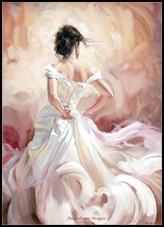 a painting of a woman in a white dress with her back turned to the camera