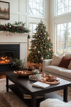 a living room filled with furniture and a christmas tree in front of a fire place